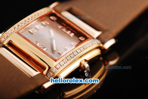 Patek Philippe Twenty-4 Swiss Quartz Movement Rose Gold Case with Diamond Bezel-Brown Dial and Brown Leather Strap - Click Image to Close